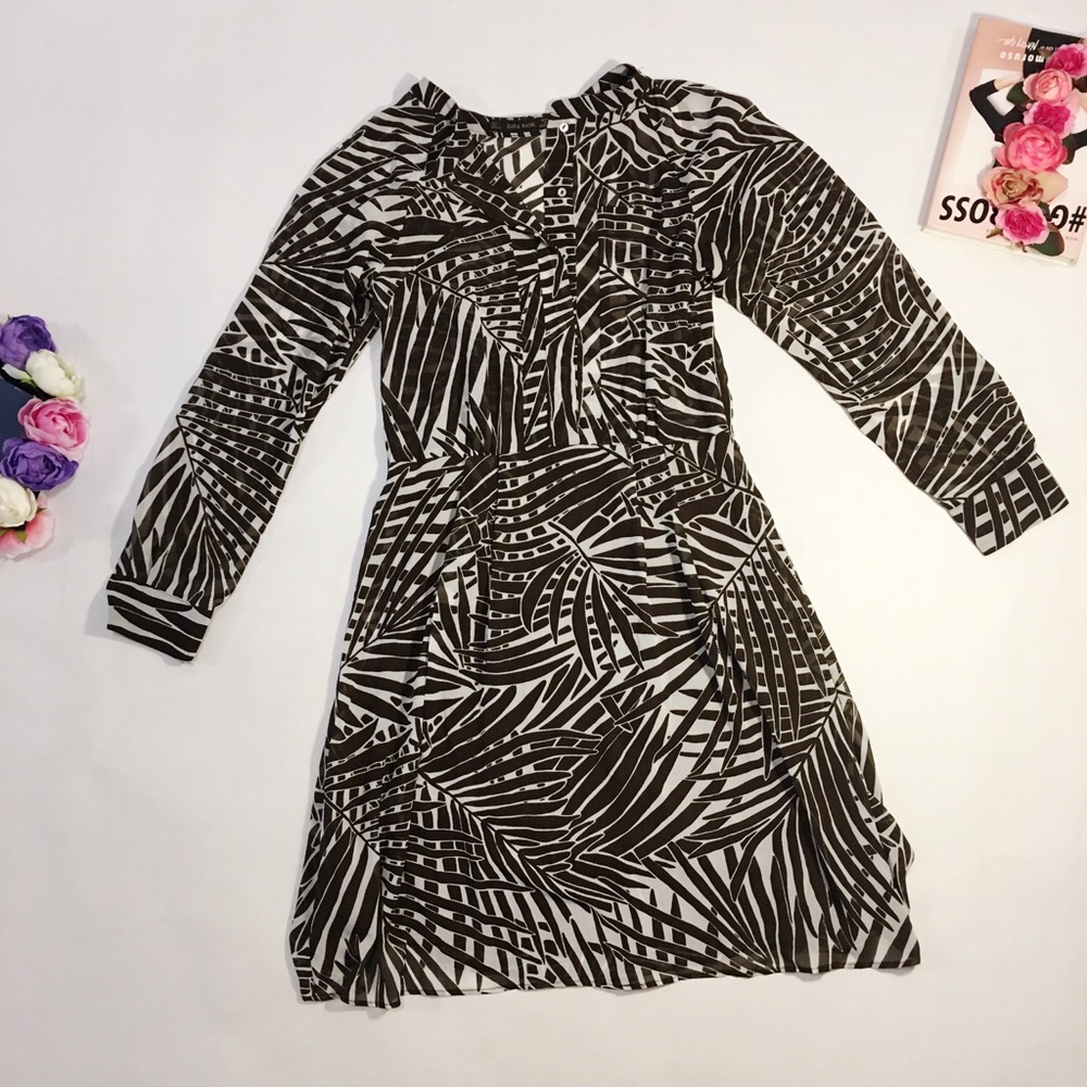 Zara brown white palm tree sheer dress size s